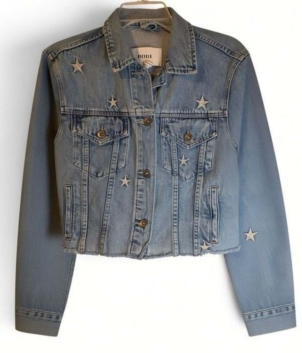 Pistola Denim Jacket P5861REP-SPV Cropped Star Embroidered Raw Hem Size S